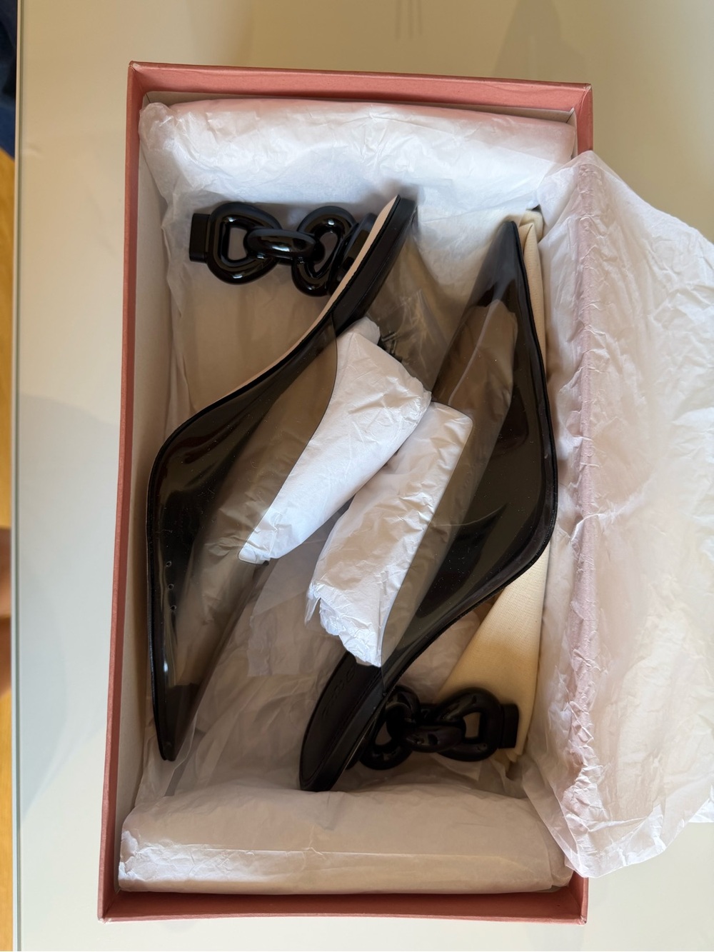 Cult Gaia Black Pointed Mule Heels with Chain Block Heel - Picture 7 of 8